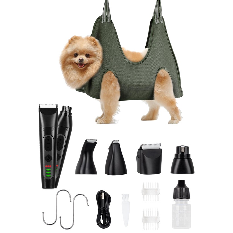 Dog Paw Trimmer with Pet Grooming Hammock, 5 in 1 Rechargeable Dog Clippers Cat Grooming Kit, Waterproof Low Noise Paw Shavers for Small Dogs Cats Feet Nail Hair Face Ears Toenail Eye Clippers with Green Hammock-S Black