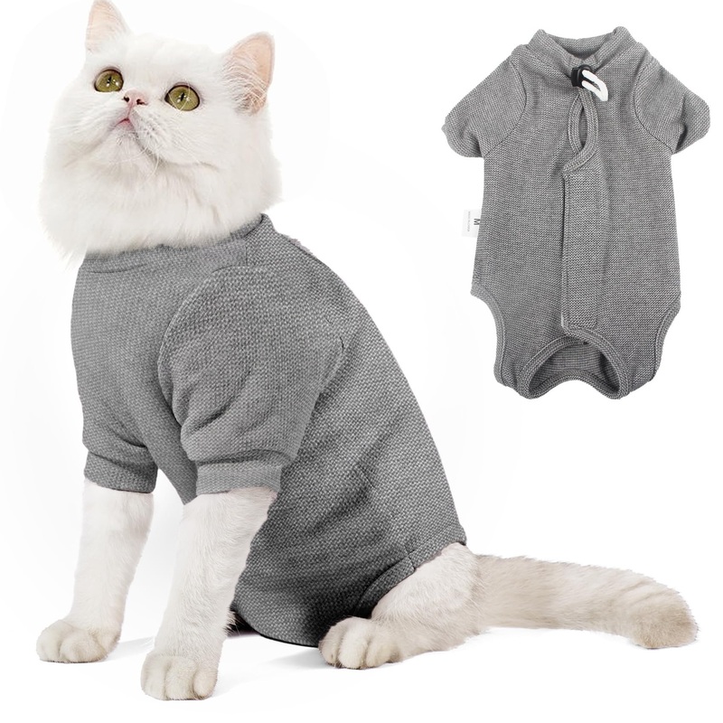 Dotoner Cat Surgery Recovery Suit for Female Male Anti-Licking Pet Surgical Pajamas Long Sleeve Prevent Shedding Cat Spay Recovery Suit&E Collar Alternative Bodysuit for Cats L Grey