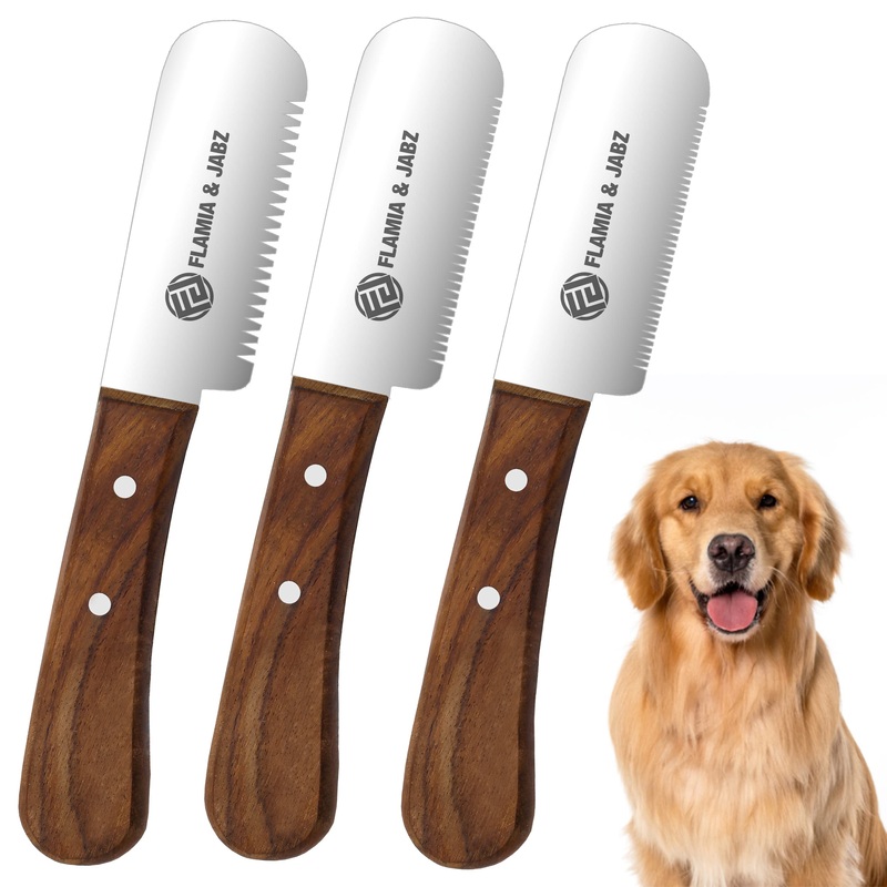 FLAMIA & JABZ Professional Dog Grooming Hand Stripping Knife, Stripper Trimmer Tool, Red Meranti Wooded Handle non slip grip with Tripping Stainless Steel blade (3 Piece Pack, Left Handed) 3 Piece Pack