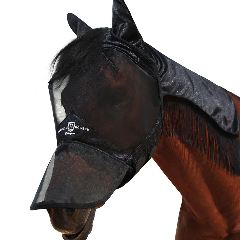 Harrison Howard Pro Fly Mask with Extended Neck Cover Large Eye Space Full Face UV-Proof Mane Styling for Horse Black L