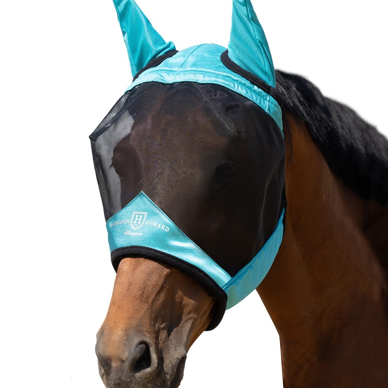 Harrison Howard Pro Luminous Horse Half Face Fly Mask Large Eye Space with Ears UV Protection for Horse Teal M Medium
