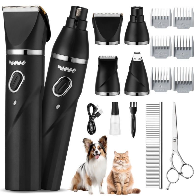 MALLMALL6 4 in 1 Dog Cat 7500RPM Power Motor Grooming Kit, 2000mAh 4 Hours Battery Life Pet Hair Clipper, 1.77 Width 2 Speed Low Noise Multifunctional Shaver, 16 Pet Grooming Tools Paw Trimmer Black