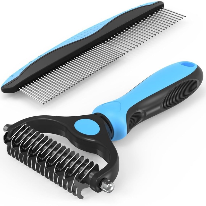 Pet Grooming Brush&Comb Combo, Pet Grooming BrushCat Comb Dog Comb for Shedding, 2-Piece Kit,Undercoat Comb for Dog Grooming (Blue)