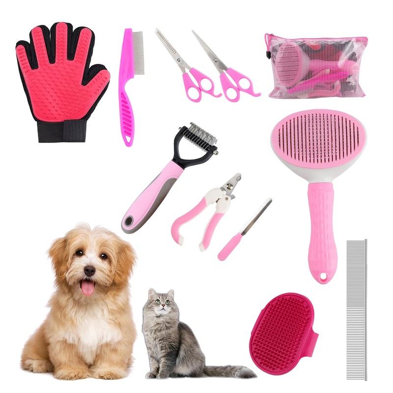 Pet Grooming Kit – 9 Pcs All-in-One Self Cleaning Set with Slicker Brush, Deshedding Tool, Scissors, Nail Clippers, and File for All Breeds and Sizes