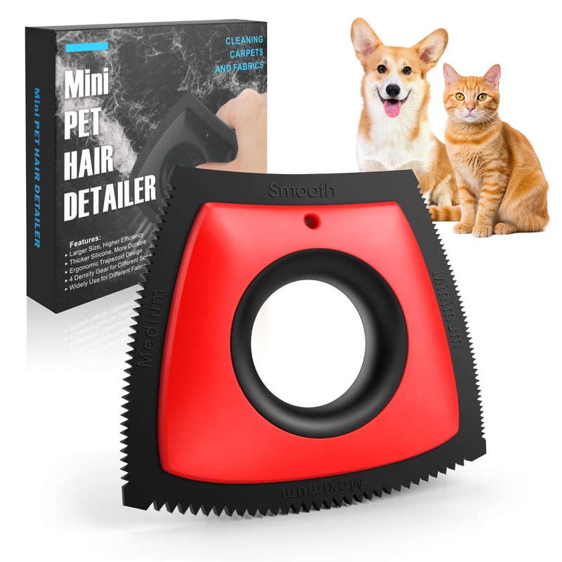 Pet Hair Removal Tool, Cat & Dog Hair Remover for Car Couch Furniture Carpet Clothing, Triangle Multi-Surface Pet Hair Remover for Auto Interior Detailing Supplies Mini Pet Hair Detailer Red