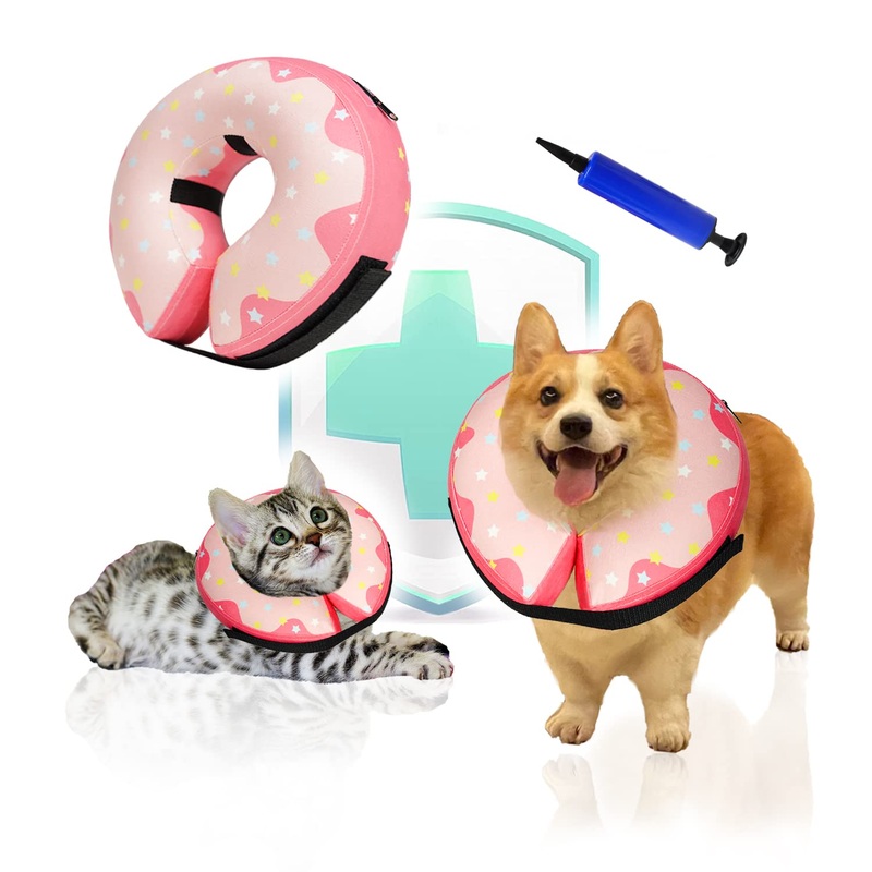 Protective Inflatable Dog Donut Collar Cone for Dogs & Cats-Soft Pet Recovery Dog Cone Alternative After Surgery-Comfortable Cute E-Collar Does not Impede Vision(Meidum Dogs) Pink Star SNeck 9″-12″