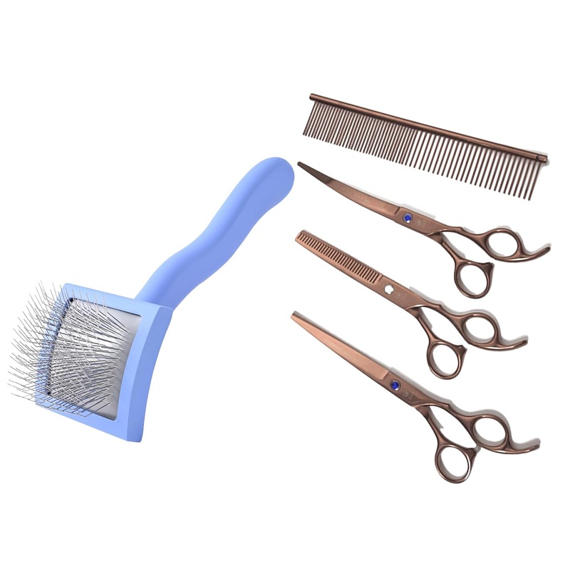 We Love Doodles Small Curved Slicker Brush and Grooming Scissors Kit Bundle – Soft Pin Goldendoodle Brush and Dog Grooming Scissors Kit – Brush for Dematting & Shedding – Made in USA