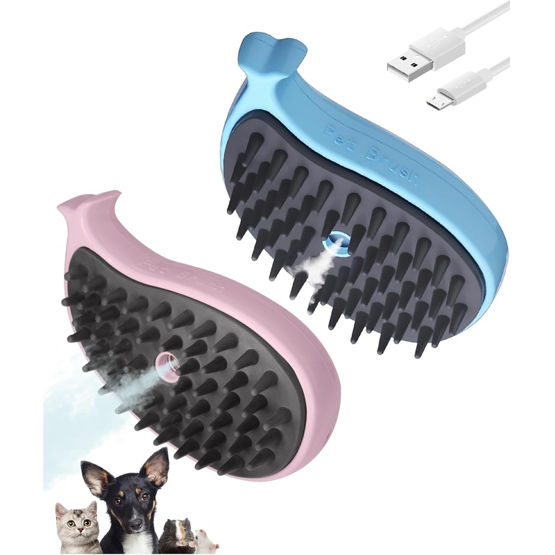 3 in 1 Cat Steamy Brush with Care Solution 2Pcs – Electric Spray Grooming Comb for Cats Dogs, Steaming Silicone Massage Brush – Self Cleaning Pet Hair Remover – Blue & Purple