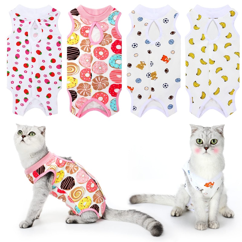 4 Pieces Cat Recovery Suits Cotton Recovery Body Wraps Breathable Kittens Recovery Clothes for Cats Small Dogs Abdominal Recovery Weaning (Banana, Football, Strawberry, Donut,L) Classic Pattern L