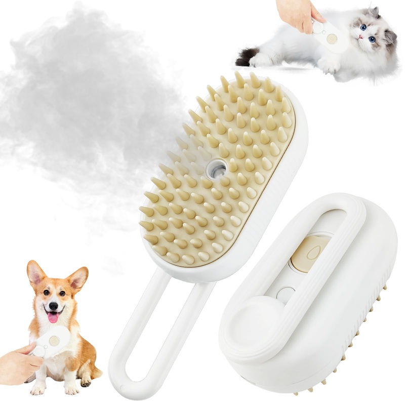 Cat Grooming Tool – Multifunctional 3 in 1 Silicone Brush for Shedding and Cleaning with Steam and Long Handle Long Handle White