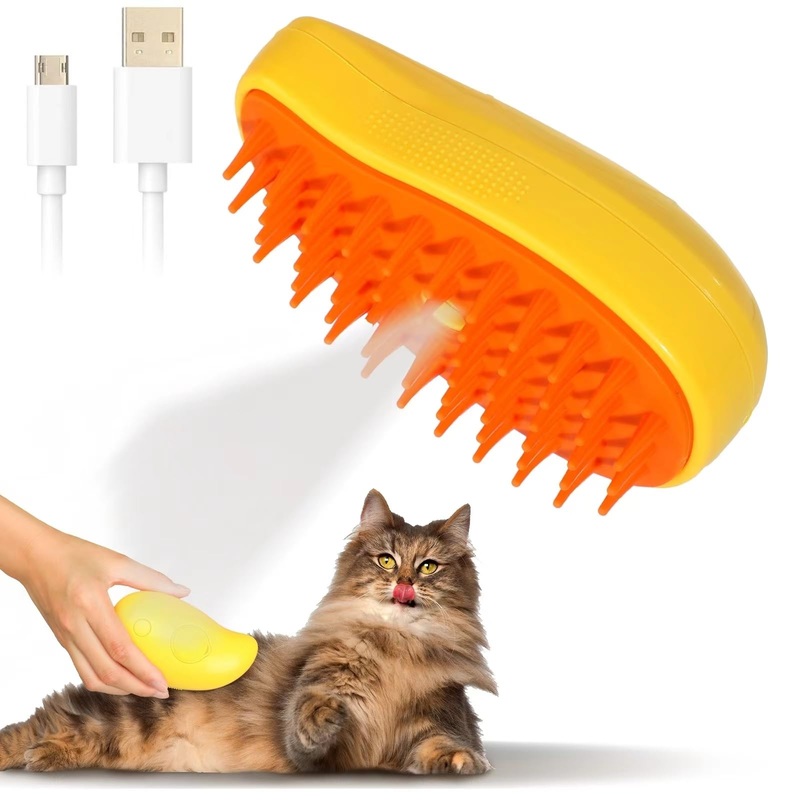 Cat Steam Brush – 3 In 1 Cat Steamy Brush, Silicone Massage Grooming Brush Rechargeable Pet Hair Remover and Grooming Tool  USB Powered Pet Accessory Mango