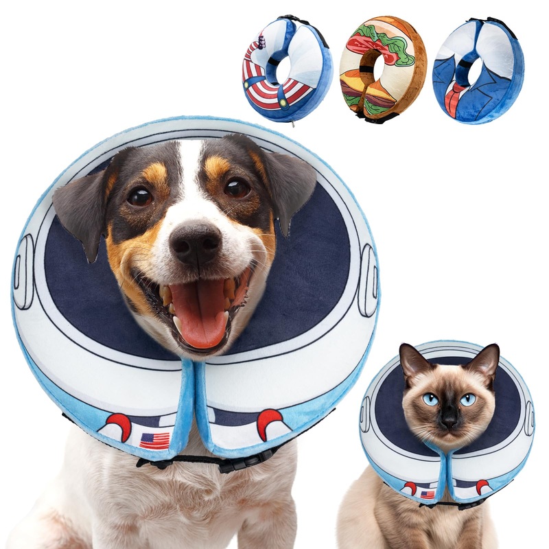 Dog Cone Collar, Inflatable Dog Neck Donut Collar After Surgery for Large Medium Small Dogs and Cats, Soft Dog Cone Alternative, Protective Recovery Dog E Collar Stop Licking, Astronauts, S S-Neck:9″-12″
