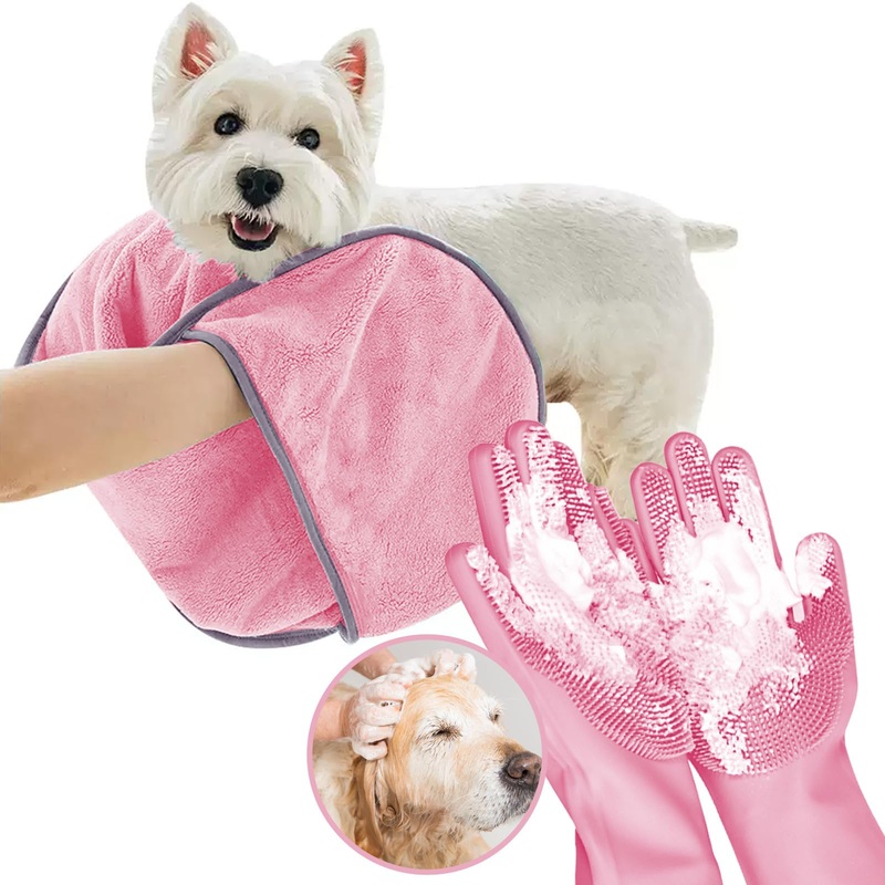 Dog Washing Gloves – Quick Drying Dog Towel,Cat Bath Grooming Gloves Brush with High-Density Teeth for Bathing MassagingAbsorbent Pet Bath Towel 30.3″x13.8″ with Hand Pocket for Dog Cat Pink Pink-Gloves Towel