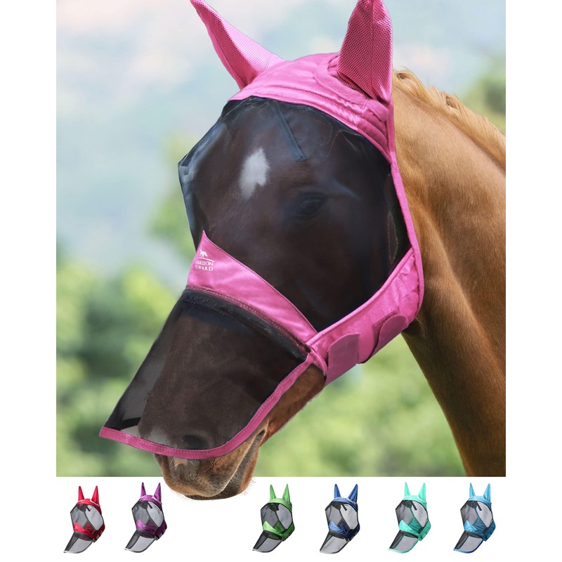Harrison Howard CareMaster Pro Luminous Horse Fly Mask Large Eye Space Long Nose with Ears UV Protection for Horse Light Pink Full Size Full (Large)