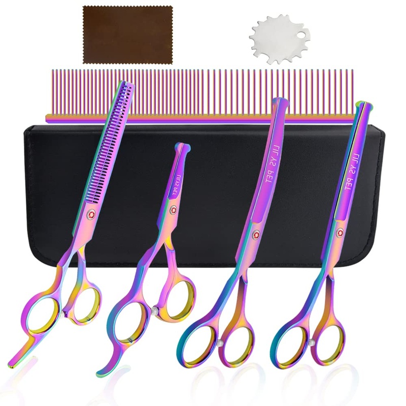 LILYS PET Safe Round-Tip Professional PET DOG Grooming Coated Titanium scissors suit Cutting&Curved&Thinning shears Set (Rainbow) Rainbow