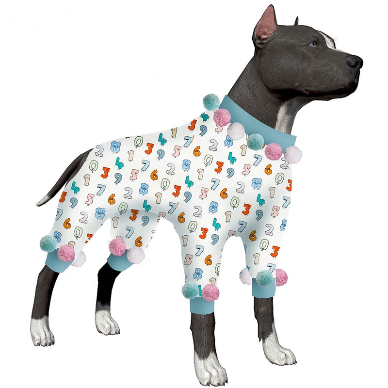 LovinPet Large Dog Pajamas, UV & Post Operative Protection, 4 Legged High Collar Dog Onesies, Lightweight Stretchable Cool Numbers with Glasses Prints Large Dog Pajamas as Base Shirt for Dog Dresses XX-Large Number Blue