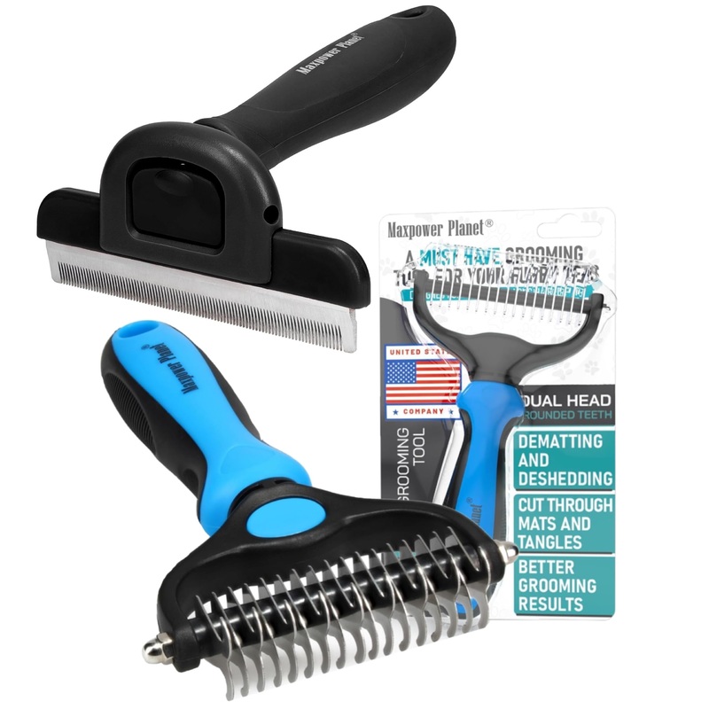 Maxpower Planet Dog Grooming Rake and Black Deshedding Tool – Double-Sided Dermatting Brush and Grooming Brush for Pets