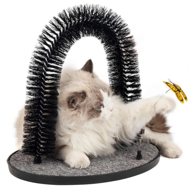PetPrime Cat Arch Groomer Self Grooming Cat Back Scratcher Cat Brush Arch Massager Self Groomer Cat Brush Self Cleaning Cat Scratcher Brush Upgraded Version with Interactive Butterfly for Indoor Cats Upgraded Version – Cat Self Groomer with Butterfly