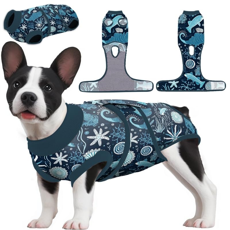 PetWarm Small Dog Recovery Suit,Dog Recovery Suit,Recovery Suit for Female Male DogsPet Surgical Recovery Snugly Suit Bodysuit for Abdominal Wounds Skin Disease,Marine Animal Patterns,Multi-Colored,L Large (Back:23.3-27.6”, Weight:23-48LB) Multi-colored