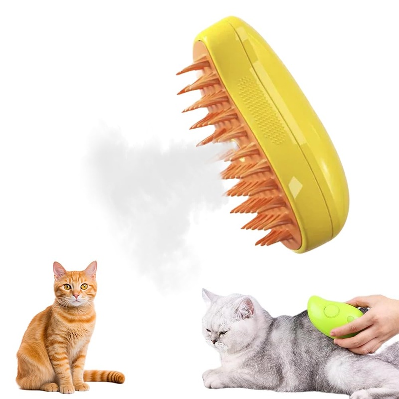 Steamy Mango 3-in-1 Steam Grooming Brush, Eliminates Flying & Tangled Hair, Water Spray for Cats & Dogs, Shedding & Massage Tool Yellow
