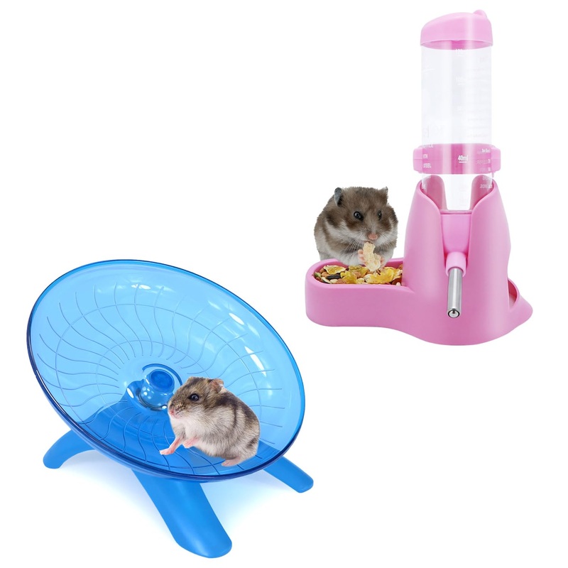 2 Packs, Hamster Water Bottle + Hamster Wheel Hamster Flying Saucer for Dwarf Hamsters Gerbil Mice