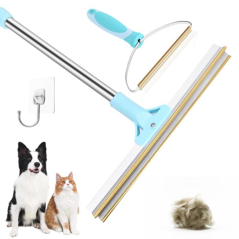 2PCS Pet Hair Removal Tool, Retractable Carpet Rake and Dog Hair Remover for Couch, Reusable Carpet Scraper Tool with 55-inch Handle, Fixed Head Pet Hair Carpet Rake for Bed, Rugs, Stairs, Car Mats