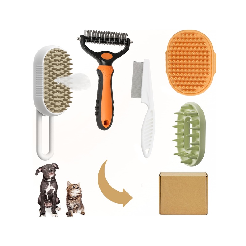 5 Pack Cat Steam Brush Kit – Pet Mist Water Brush for Dogs, Includes Steamy Brush, Undercoat Rake, Bath Brush, Flea Comb – Dynamic Dematting Tool White