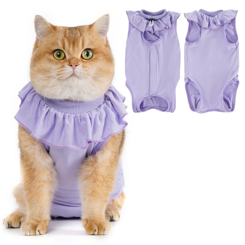 Avont Cat Recovery Suit – Kitten Onesie for Cats After Surgery, Cone of Shame Alternative Surgical Spay Suit with Ruffles for Female Cat, Post-Surgery or Skin Diseases Protection -Lilac (M) Purple Medium
