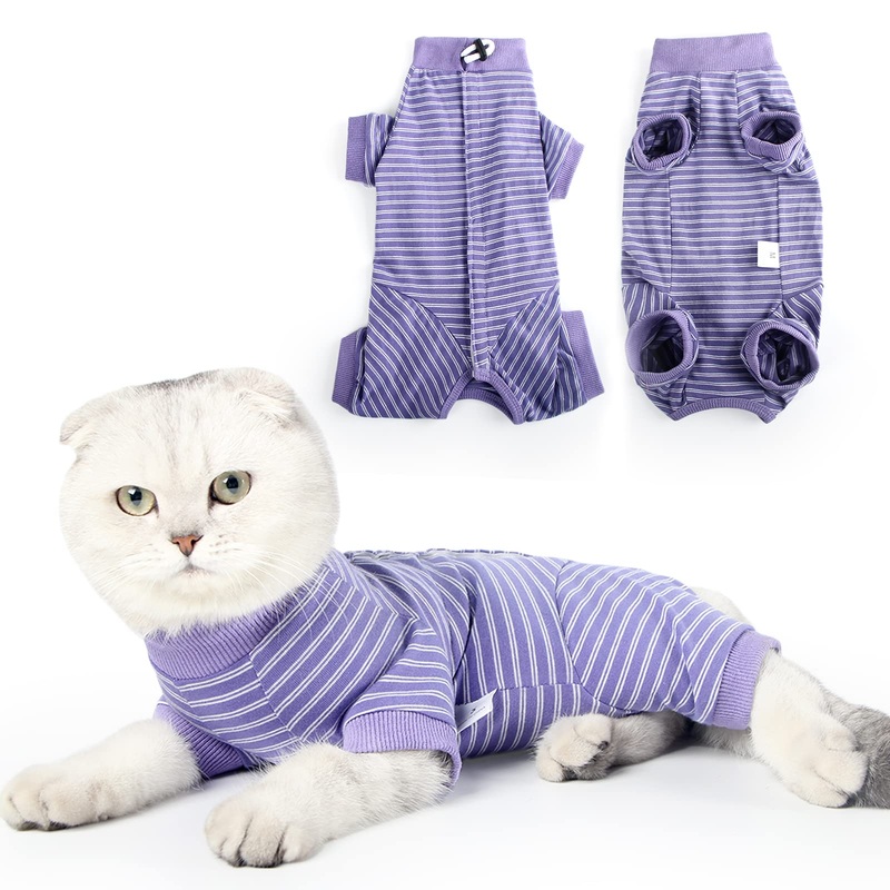 Cat Surgical Recovery Suit Professional for Male Female Dog Abdominal Wounds Cone E-Collar Alternative, Anti-Licking Or Skin Diseases Pet Surgical Recovery Pajama Suit, Soft Fabric Onesie for Cats M (Pack of 1) Violet Striped