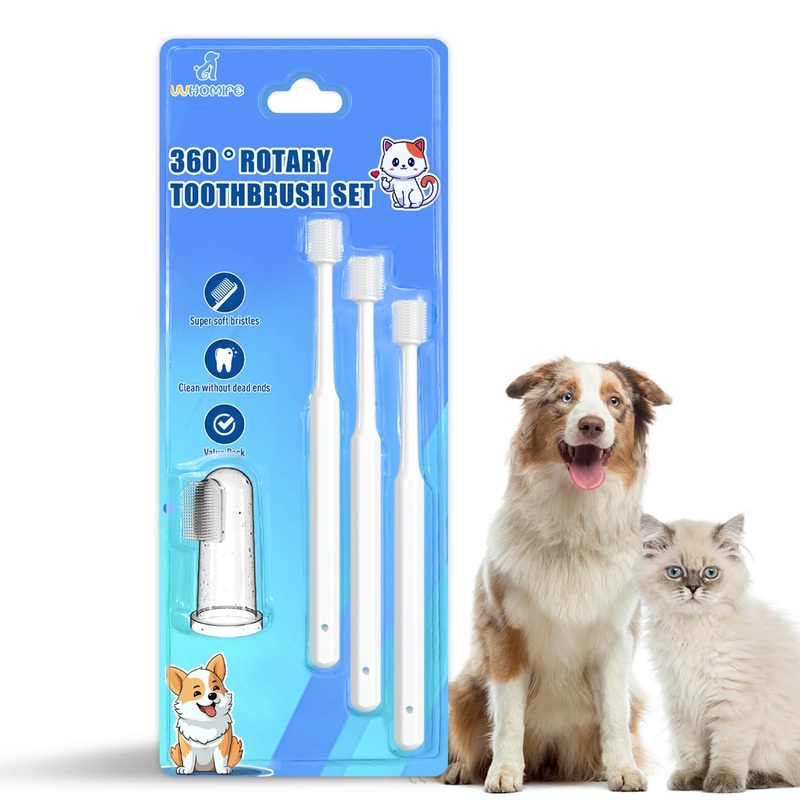 Cat Toothbrush Kit, Dog Toothbrush Kit, Suitable for All Cats and Dogs Dental Care. White, Soft Bristles, Meet All Cleaning Needs, Multi-Functional Dental Cleaning (S-Rounded)