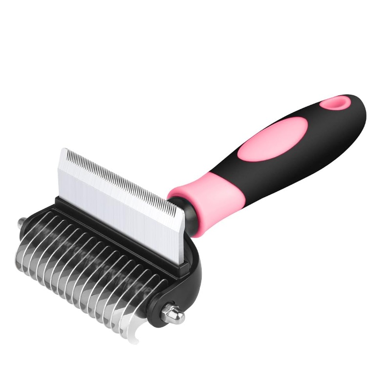 Deshedding Tool, Stainless Steal Pet Grooming Brush, Dematting Comb – 2 in 1 Deshedding Tools, Dog Brush, Stainless Steel Blades, Undercoat Rakes with Double Coat, pet hair removal tool Pink