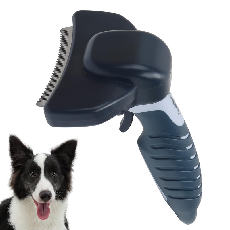 HOP Dog Deshedding Brush for Short Haired Dogs Cats Pets Professional Deshedding Tool Anti-Slip Handle & Detachable Head Highly Effective Deshedder Grooming Home of Paws (Dark Blue_L) Dark Blue_L