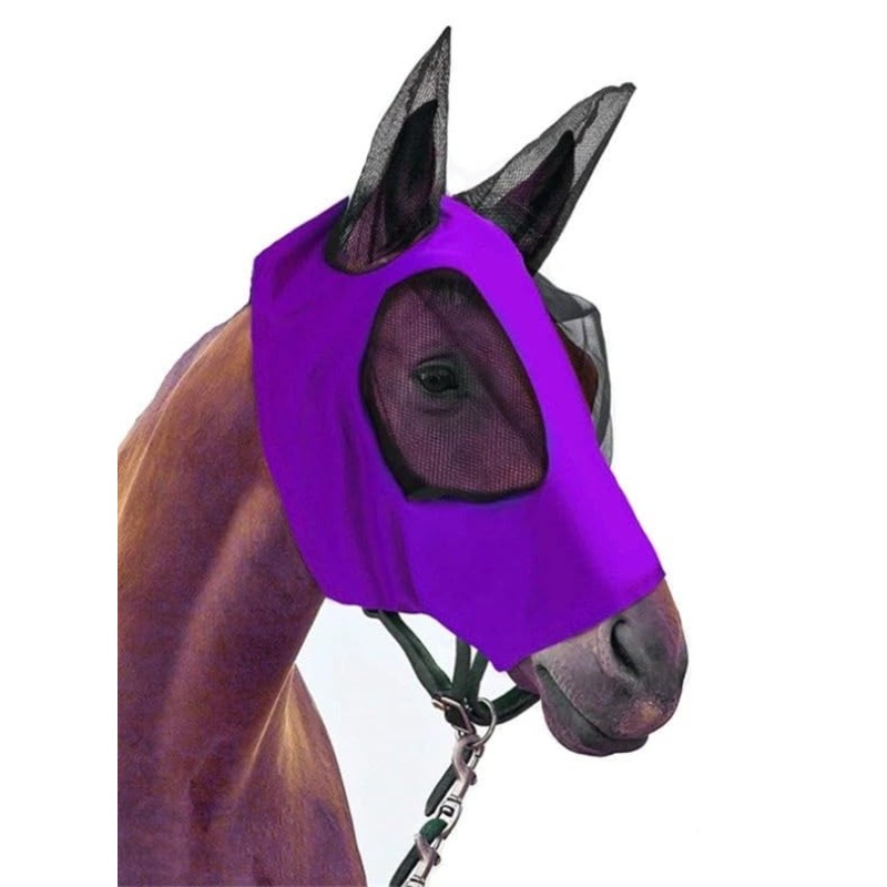 Horse Fly Mask with Long Nose and Ears, Full Face UV Protection, Mesh Equine Fly Mask, Smooth Fine Mesh, Breathable, Purple