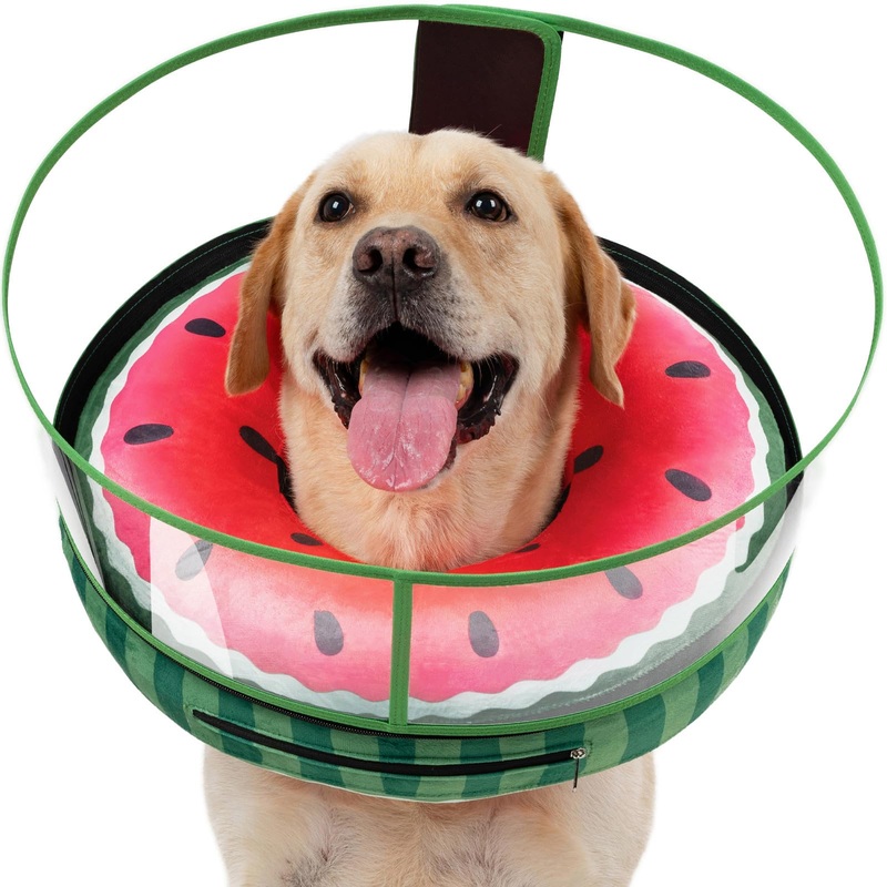 Inflatable Dog Cone, Watermelon Dog Donut Collar After Surgery, Dog Cone Alternative with Detachable Anti-Licking Shield, Soft Dog Cone for Large Medium Dogs Does Not Block View L