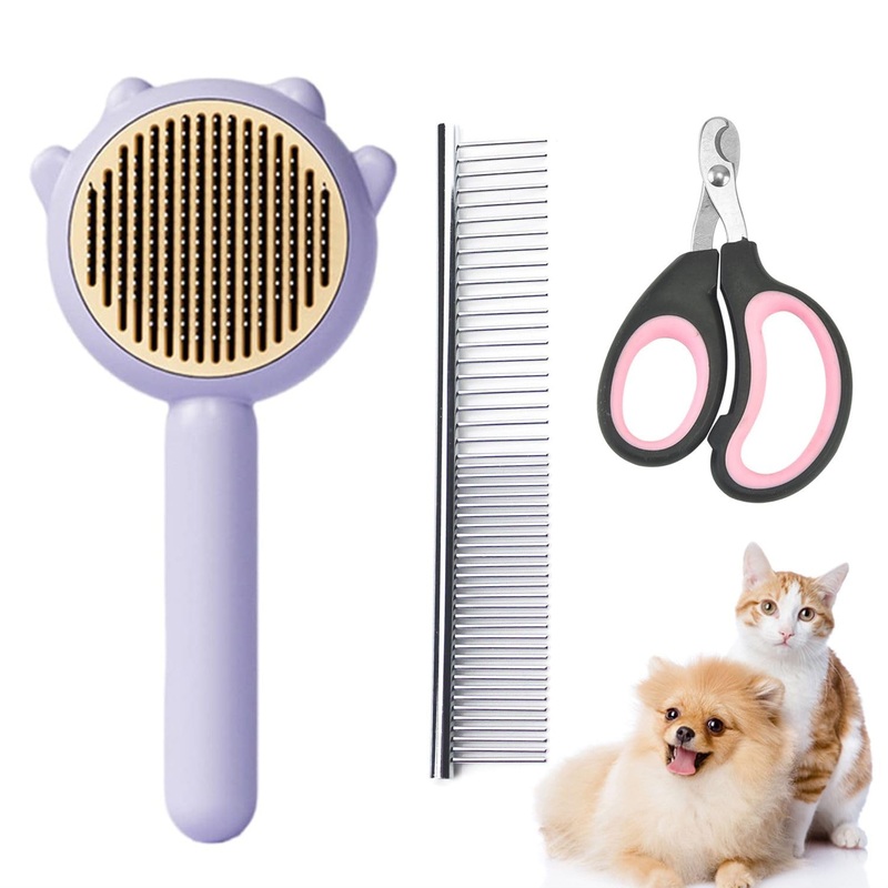 Magic Pet Comb, Pet Hair Cleaner Brush, Cat Grooming Brush Cat Nail Clipper Release Button Cat Comb wololith Stainless Steel Teeth for Shedding Hair Cats Dogs Massage Brushes (Purple) Purple