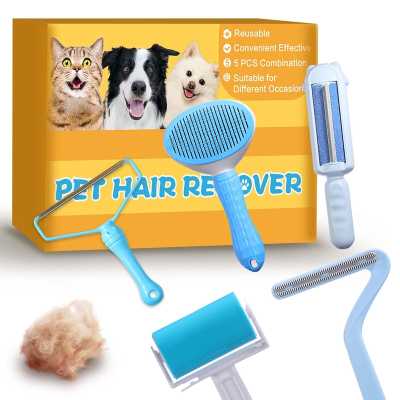Pawsitive Vibes Lint Terminator Kit 5 PCS- The Solution to All lint Cleaning Problems. Lint Roller, Silicone Removal Roller, Metal lint Removal Brush, Silicone lint Removal Brush, pet Hair Brush. Blue 5 pack