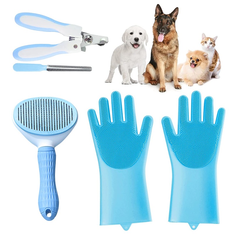 Pet Washing Bathing Grooming Gloves Dog Cat Hair Remover Brush Hair Removal Gloves Pet Nail Clippers, 3 in 1 Pet Washing Bathing Grooming Kit