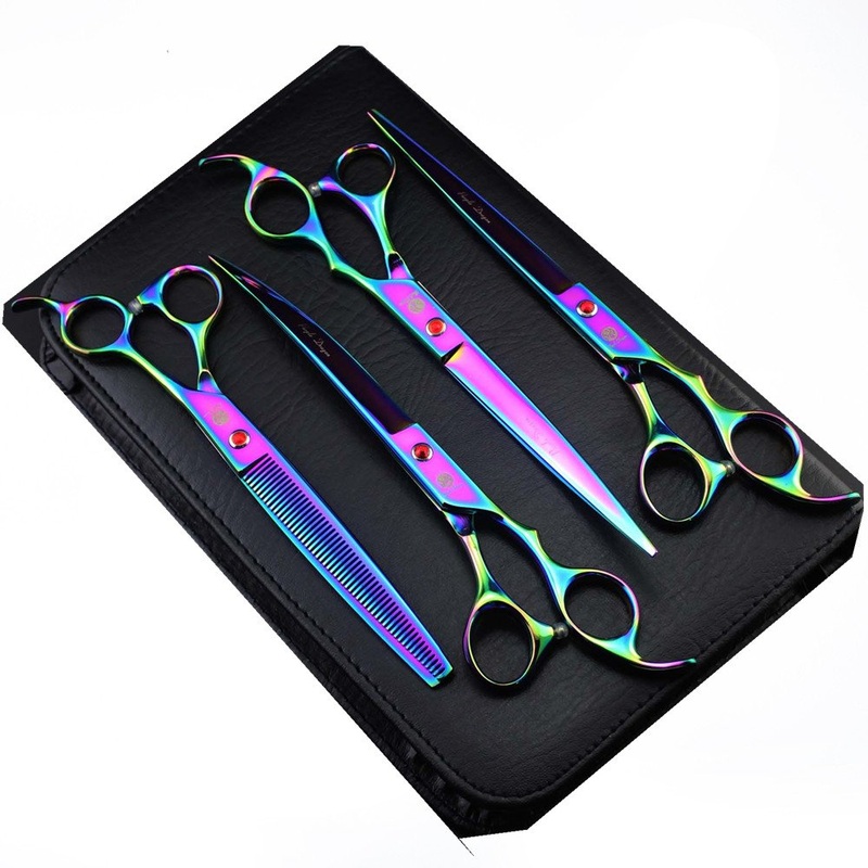 Purple Dragon 8.0 inch Professional Pet Grooming Scissors,Dog Straight Shear, Thinning/Blending Scissor & 2 PCS Curved Shear with Bag (Multicolor)