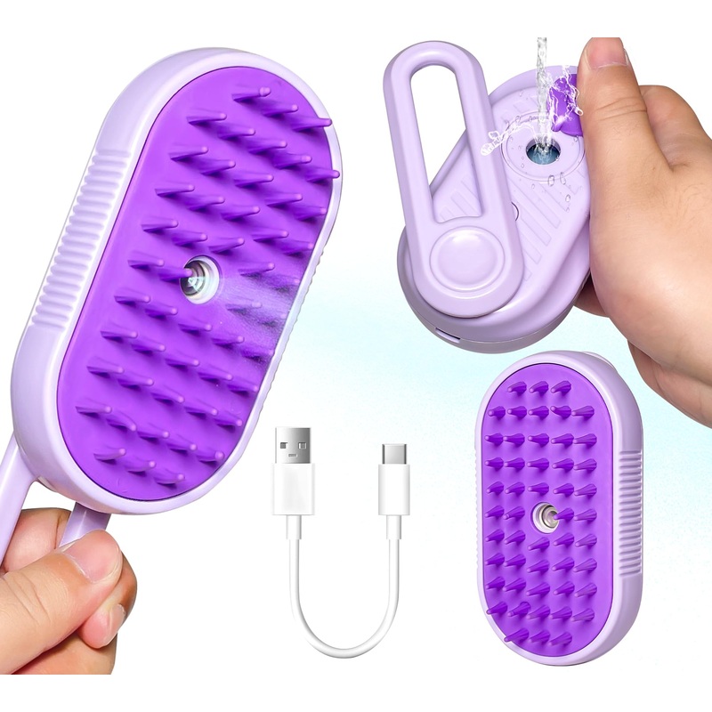 Spray Cat Brush for Shedding – Pet Grooming Brush with Steamer and Water Spray, Ideal for Cats and Dogs (Purple) Purple