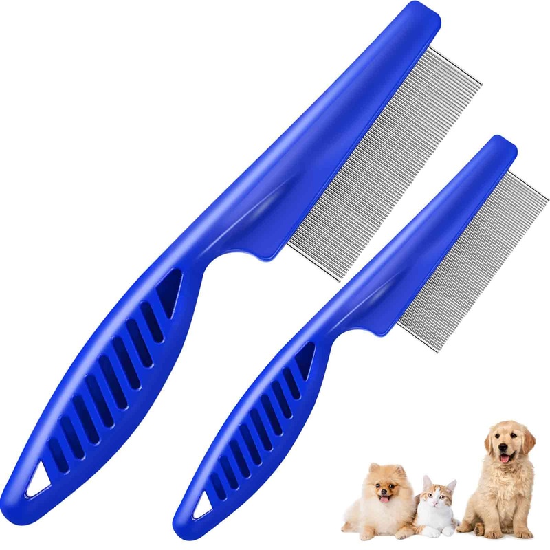 2 Pack Dog Grooming Comb, Pet Flea Lice Combs, Stainless Steel Cat Combs with Rounded Teeth, Professional Metal Pet Tear Stain Remover, Dematting Tool for Small, Medium & Large Pets