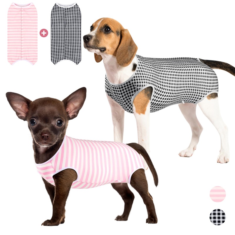 2 Packs Dog Surgery Recovery Suit Small Dogs Onesie for Surgery Female Male Dog Surgical Recovery Suit After Spayed Neuter Body Suit Anti-Licking Wounds Dog Cone Alternative Medium Pink Stripe/Black Plaid (2 Packs