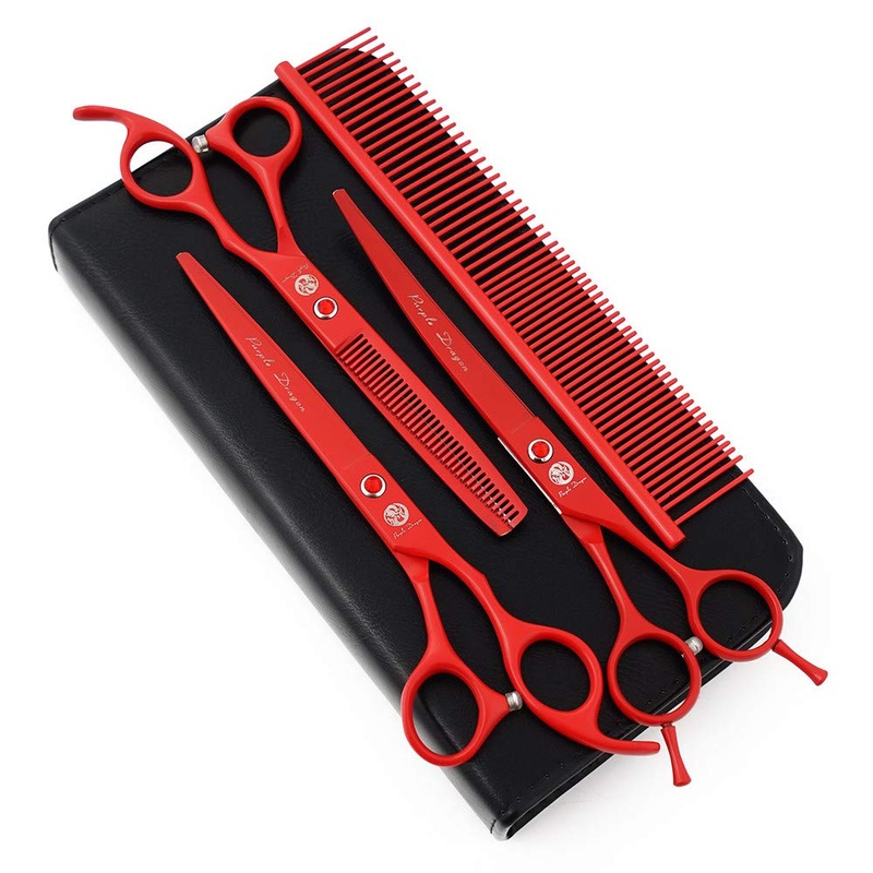 7.0 inch Rhinestone Decoration 3PCS Pet Grooming Scissors Dog Hair Cutting & Thinning Shears Set Red