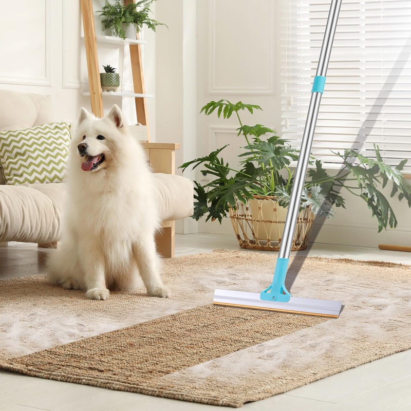 Carpet Rake for Pet Hair Removal, Reusable Pet Hair Removal Broom Adjustable Carpet Broom with 53.5 Long Handle Cat Dog Hair Remover for Rugs Mats Couch Pet Beds