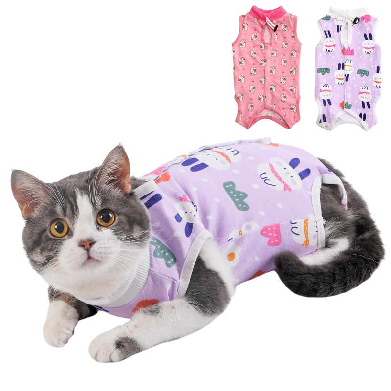 Cat Professional Recovery Suit for Abdominal Wounds and Skin Diseases, E-Collar Alternative for Cats and Dogs, After Surgey Wear Anti Licking, Recommended by VetPurple Mini,L Large (Pack of 2) Purple+Mini