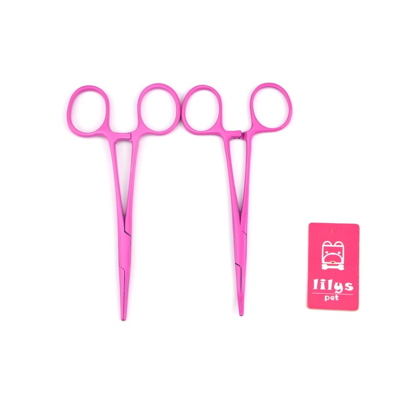 LILYS PET Pet Colourful Stainless Steel Hemostat Hemostatic Forcep,Pet Ear Hair Pull Forcep,Bend head and Straight head kit (Pink, 12cm) Pink