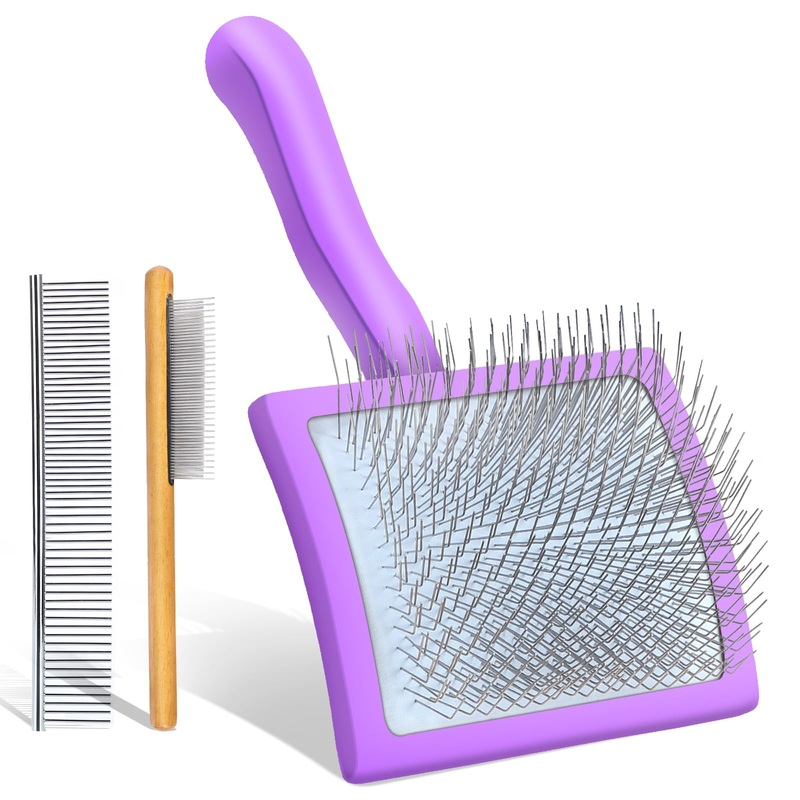 Long Pin Dog Slicker Brush for Long Haired Dogs, Removes Loose Hair, Tangles and Knots, Professional Pet Grooming Kit, Purple Large