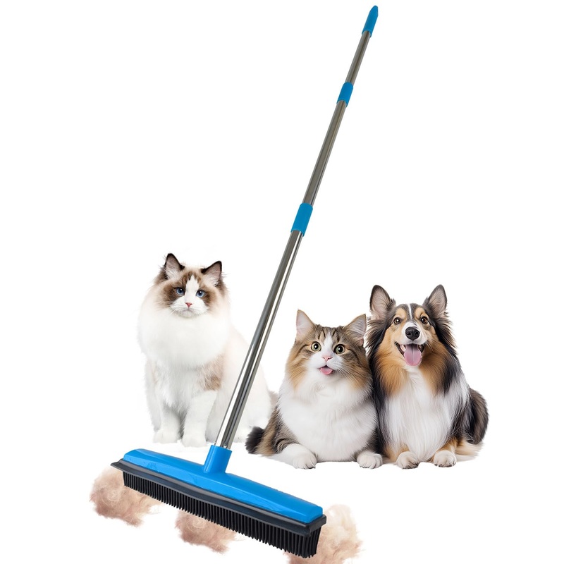 Pet Hair Remover, Carpet Rake for Pet Hair Removal, 2 in 1 Pet Hair Removal Tool of Rubber Broom and Squeegee for Floor, Length Adjustable Push Broom, Dog and Cat Hair Remover, Pet Hair Removal Broom