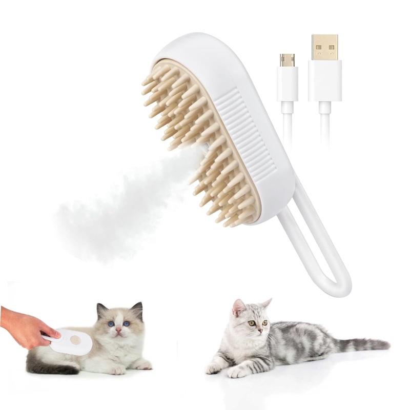 Self-Cleaning Spray Comb and Grooming Brush for Cat Massage and Deshedding – Steamy Brush with Collapsible Handle (White) White