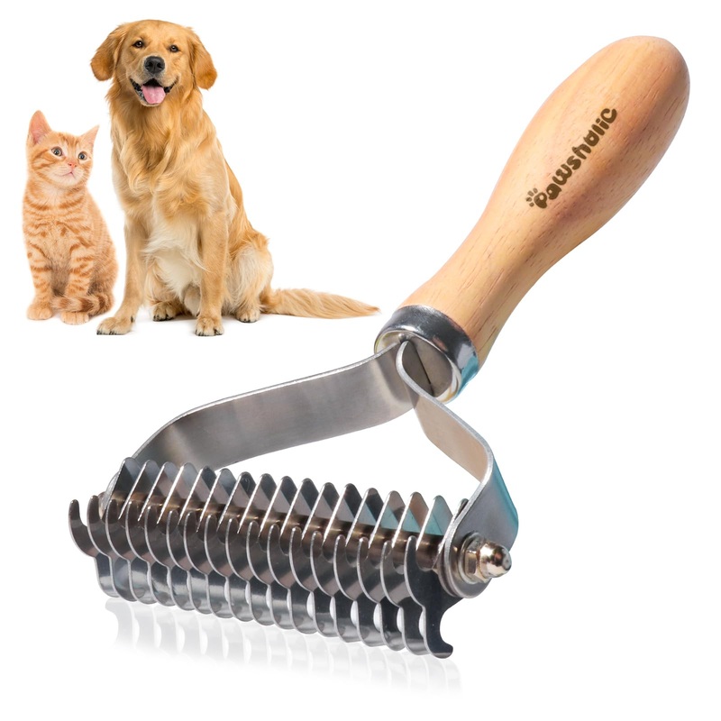 Undercoat Rake for Dogs – Professional Pet Shedding Dematting Comb with Wood Handle, Stainless Steel Blades for Pet Cats Dogs Matted Hair Tangles Removing 2 Sides Dematting Comb