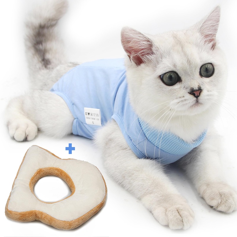 2PCS Cat Cone Collar and Cat Recovery Suit, Anti-Bite, Stop Licking Wounds, Adjustable Soft Elizabethan Cone, Cat Onesie for Female Cat After Surgery Blue Small